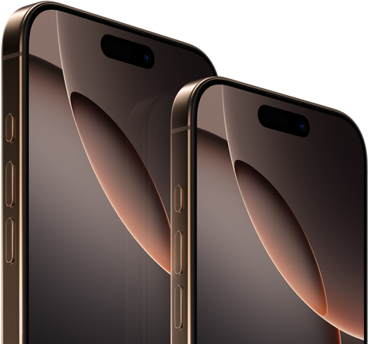 iPhone 16 Pro Max 6,9 cala i iPhone 16 Pro 6,3 cala, widok z przodu, przycisk czynności, przyciski głośności, Dynamic Island pośrodku górnej części ekranu