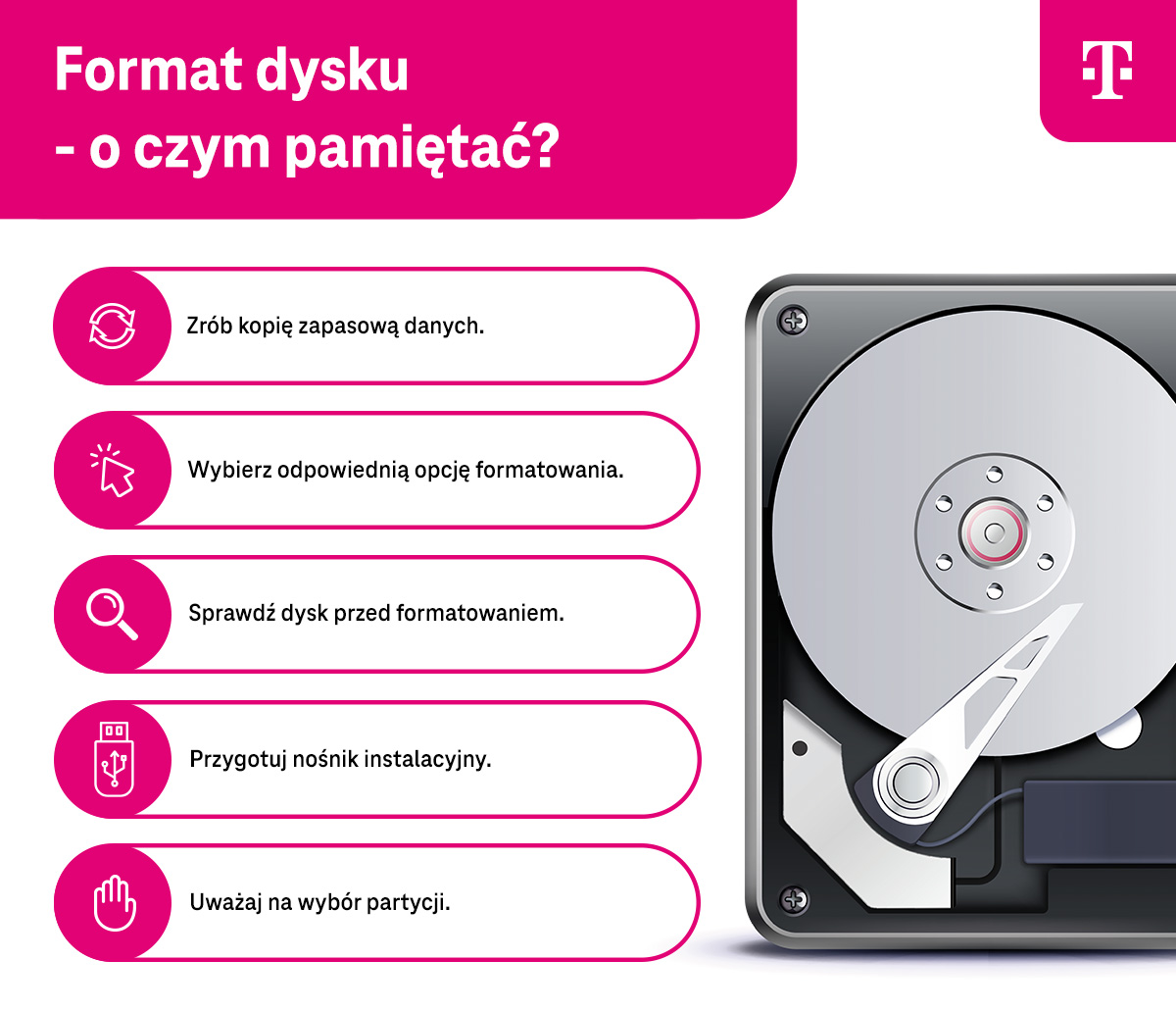 Format dysku - o czym pamiętać - lista - infografika