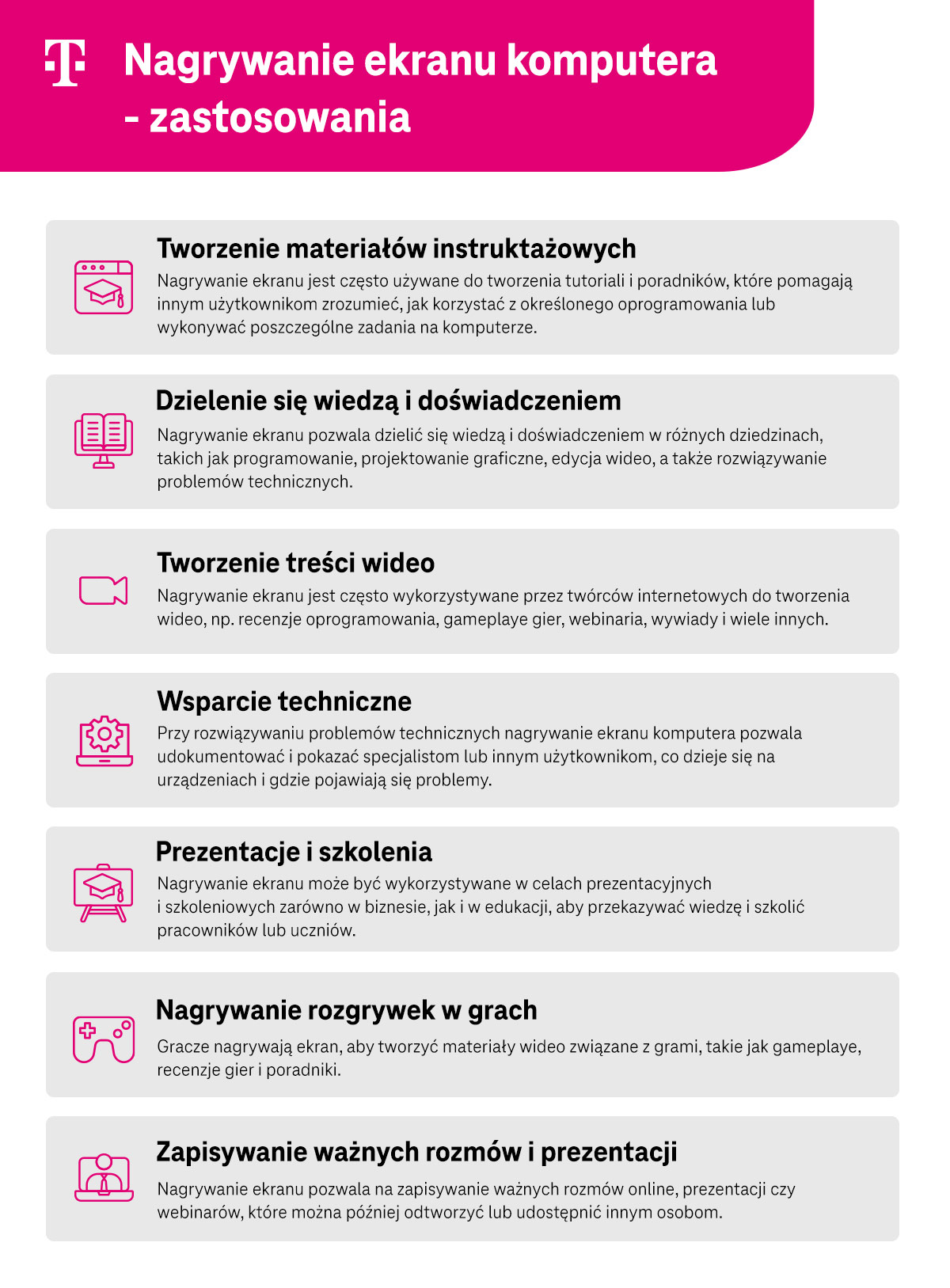 Nagrywanie ekranu komputera - zastosowania - infografika