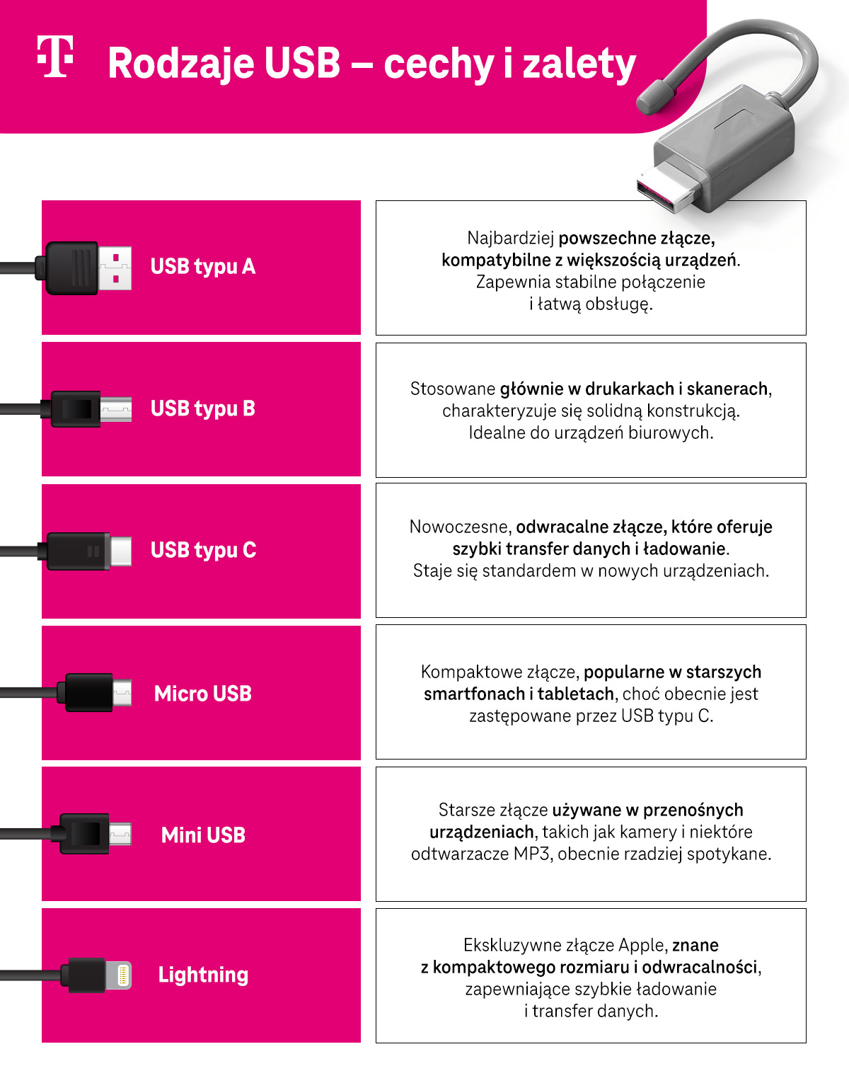 Rodzaje USB - cechy i zalety - lista wtyczek - infografika